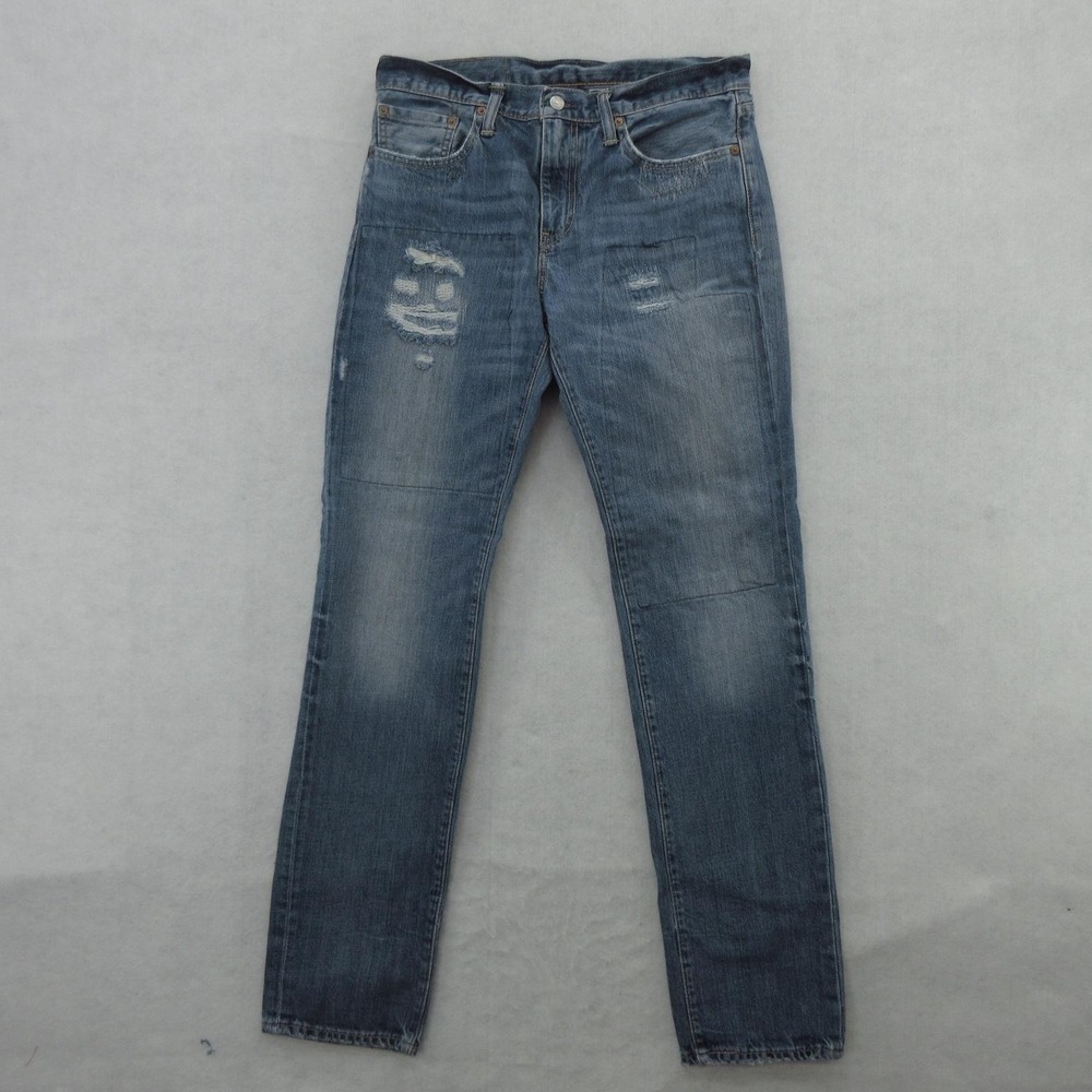 Levis Jeans Mens 32x34 Blue Medium Wash Distressed Slim Straight Denim Thrashed
